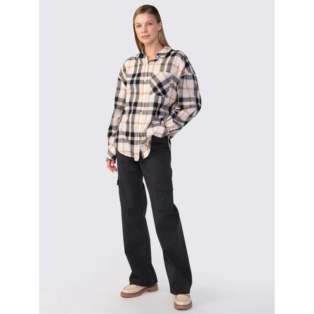 Sanctuary Women's Dropped Shoulder Tunic in a cream, black, plaid oversized fit